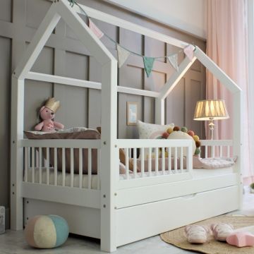 Elisabet White Plus - Wooden House Bed in White - Kids Single Bed 190x90 - With Trundle Bed Drawer | STOCK