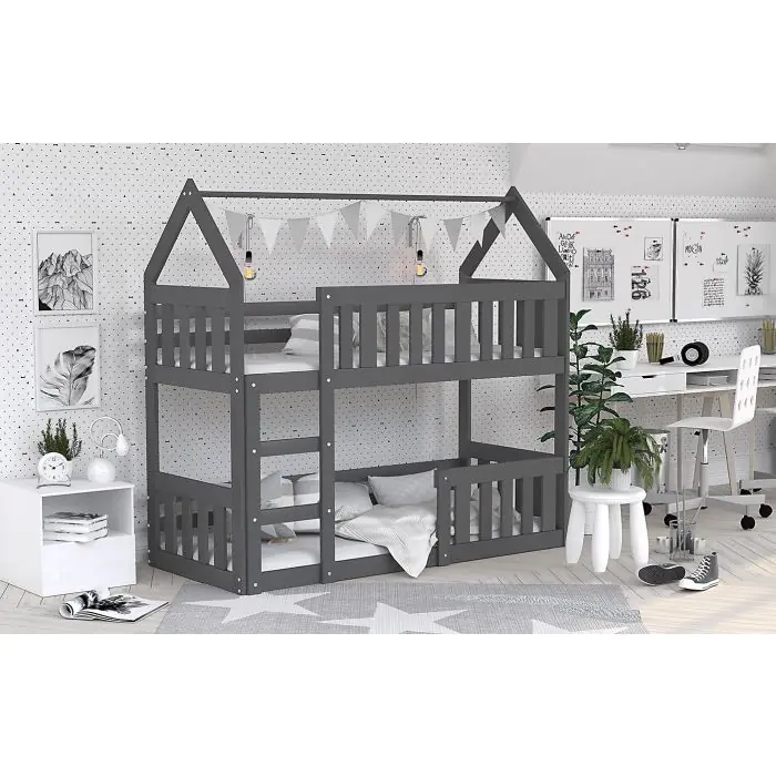Wooden House Bed For Kids - Bunk Bed in Grey